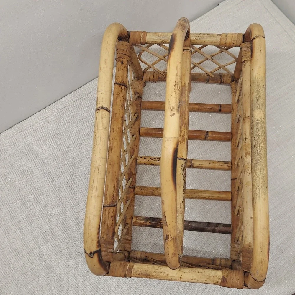 Vintage Bamboo Magazine Rack Rattan Book Caddy Boho MCM Storage Basket Handle